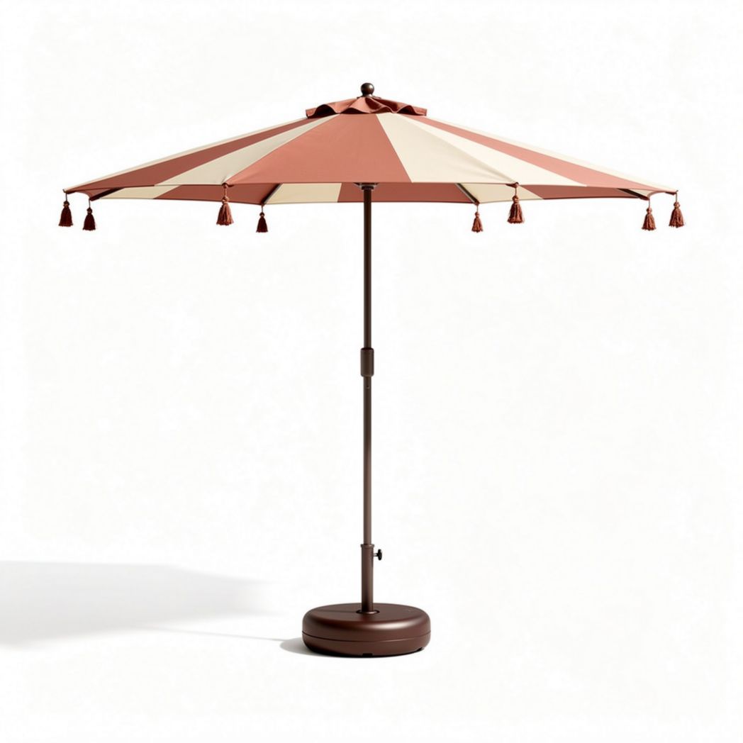 Parasol met een ronde blauwe stof en een zwarte metalen standaard 300 x 300 x 250cm