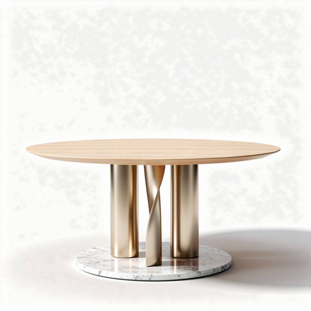 Ronde tafel van hout met een marmeren basis en metalen poten 120 x 120 x 75cm