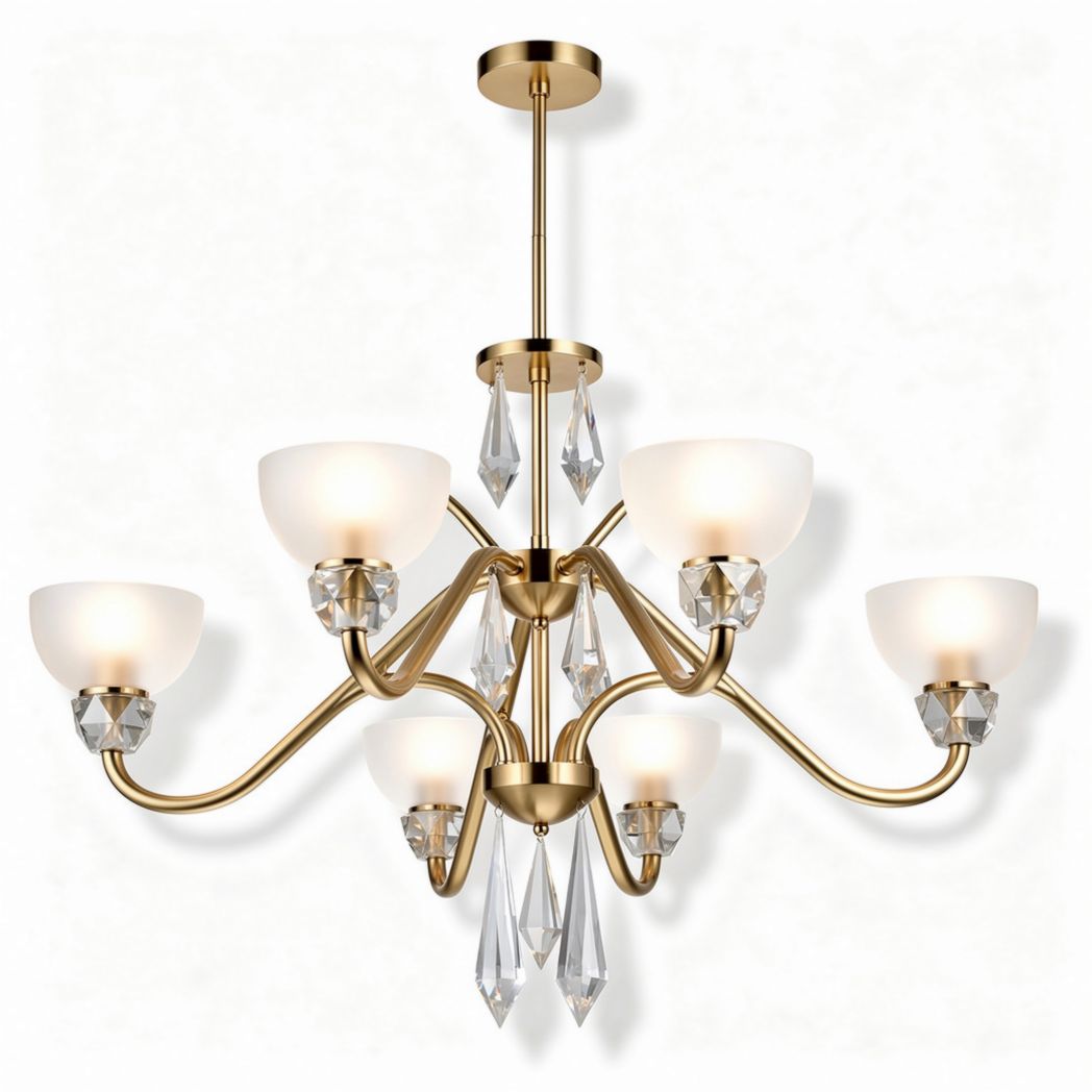 Kroonluchter van goud met 6 glazen schalen en kristallen details 25 x 25 x 60cm