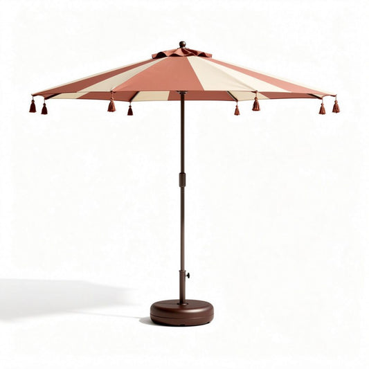 Parasol met een ronde blauwe stof en een zwarte metalen standaard 300 x 300 x 250cm