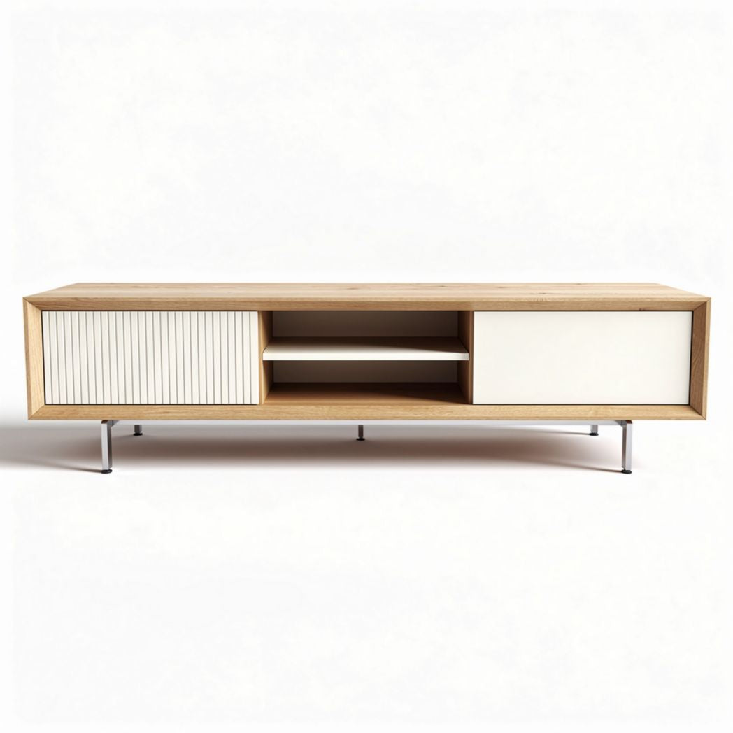 Houten tv-meubel met twee deurtjes en open vakken 150 x 40 x 50cm