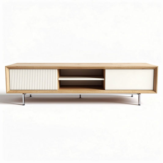 Houten tv-meubel met twee deurtjes en open vakken 150 x 40 x 50cm