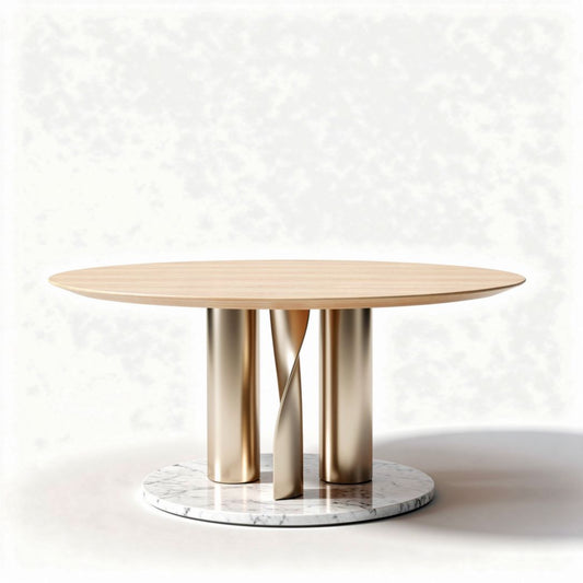 Ronde tafel van hout met een marmeren basis en metalen poten 120 x 120 x 75cm