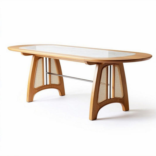 Eettafel van hout en glas met afmetingen van 190 x 90 x 75cm