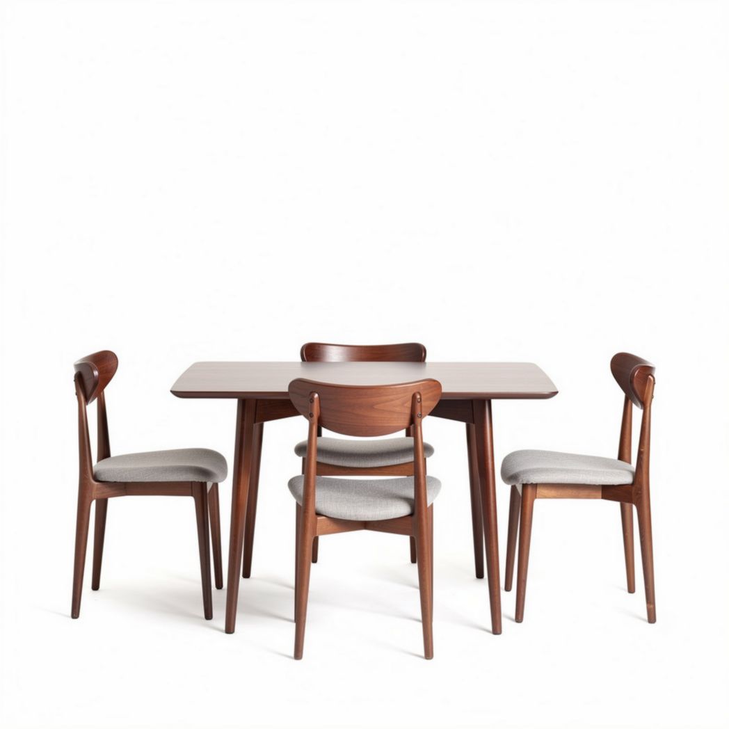 Eettafel met vier stoelen van hout en stof in walnootbruin 120 x 75 x 75cm