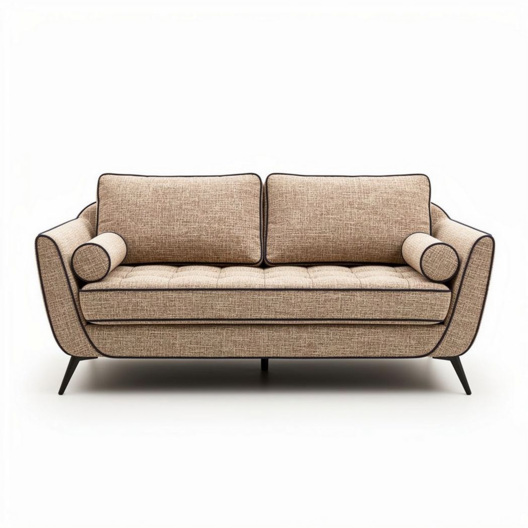 Bank van stof met rolkussens en metalen poten 150 x 80 x 70cm beige