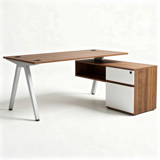 Houten bureau met opbergkast van 150 x 70 x 75cm en metalen poten