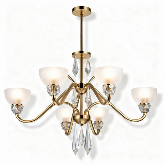 Kroonluchter van goud met 6 glazen schalen en kristallen details 25 x 25 x 60cm